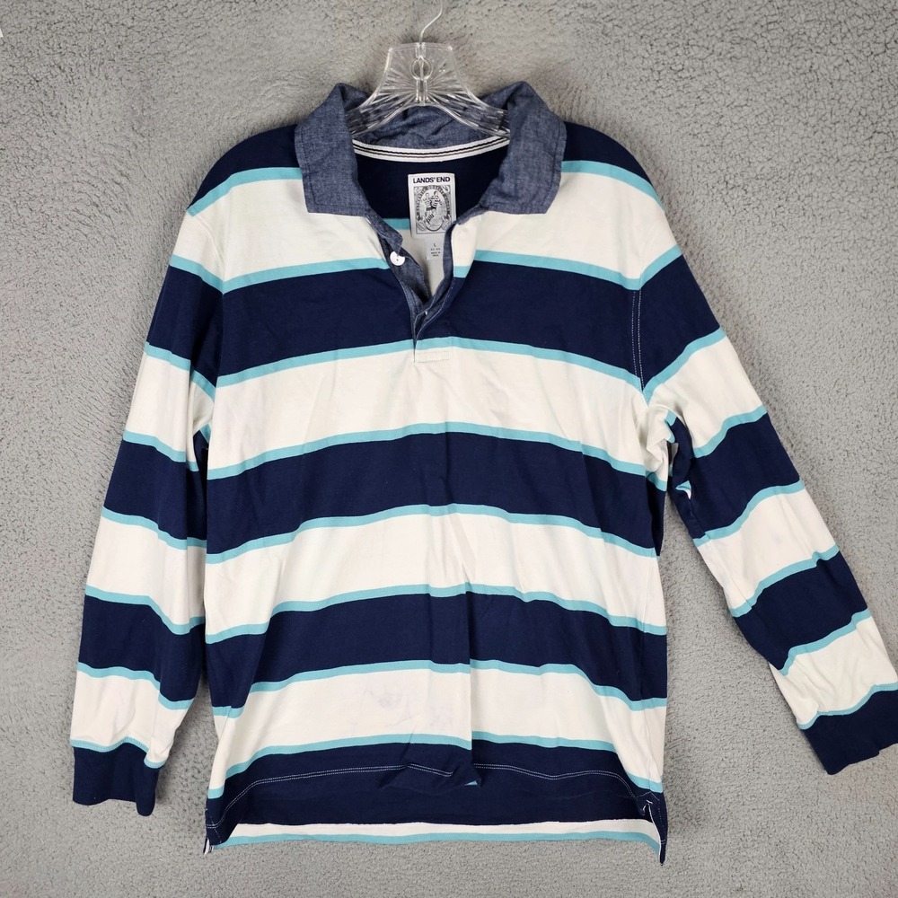 Lands' End Men's Long Sleeve Rugby Polo in Navy, White & Light Blue